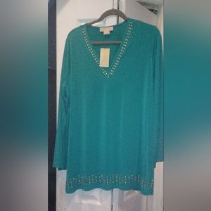 NWT Michael Kors Gold Stuffed V Neck blouse 2X Color Blue/Green